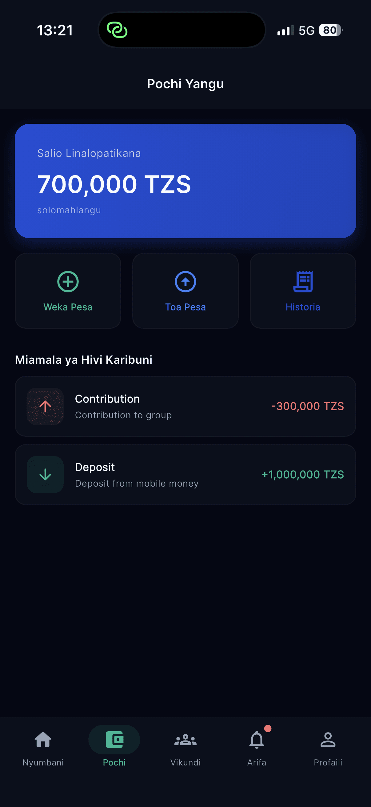 Vikoba interface in Kiswahili