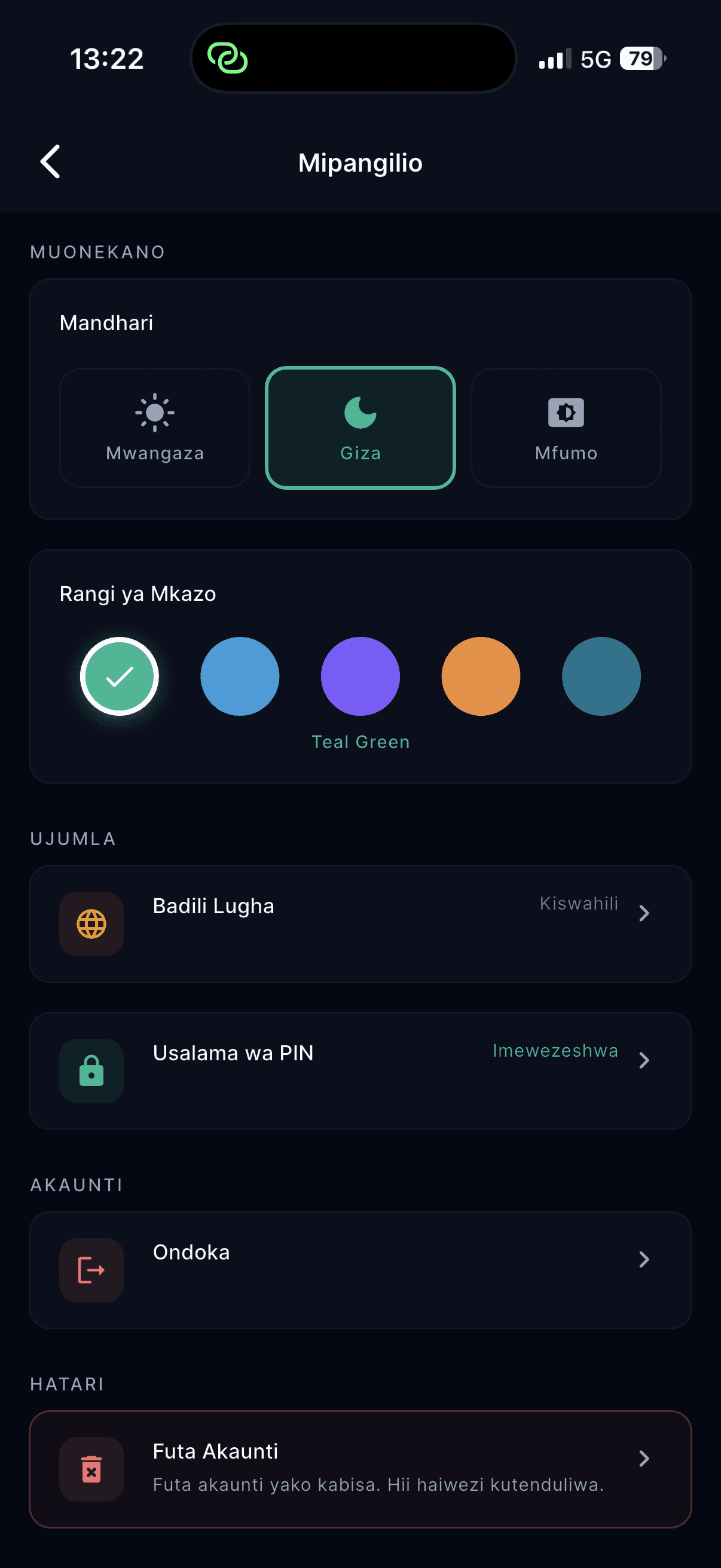 Vikoba app settings screen