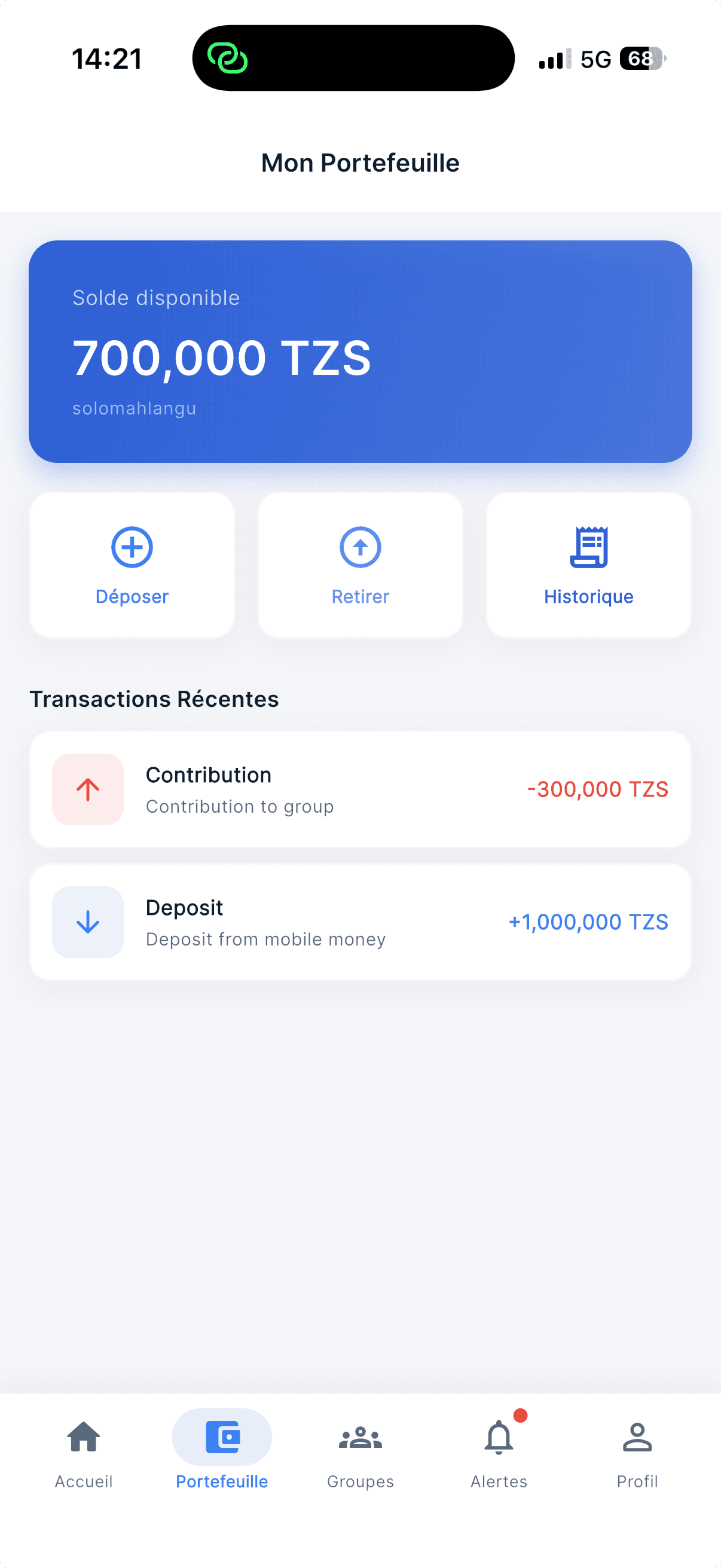 Vikoba interface in French